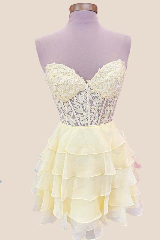 Sweetheart Yellow Appliques Tiered Short Dress