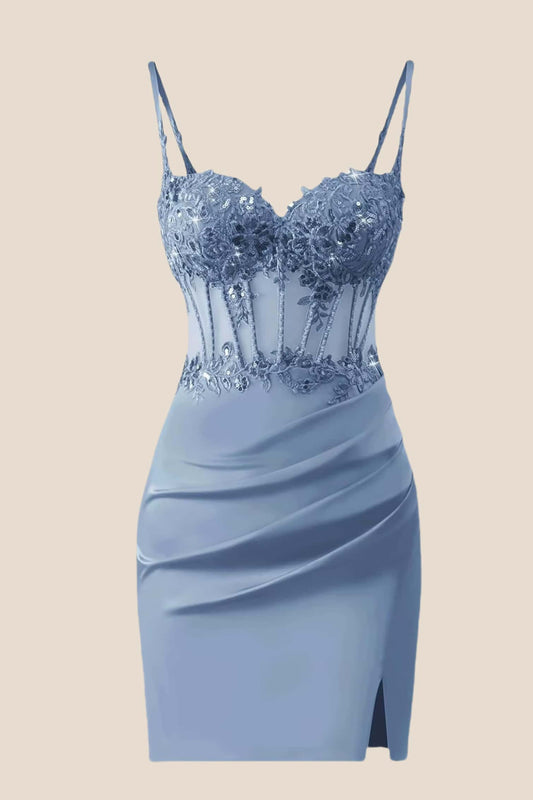 Straps Blue Appliques Ruched Tight Dress