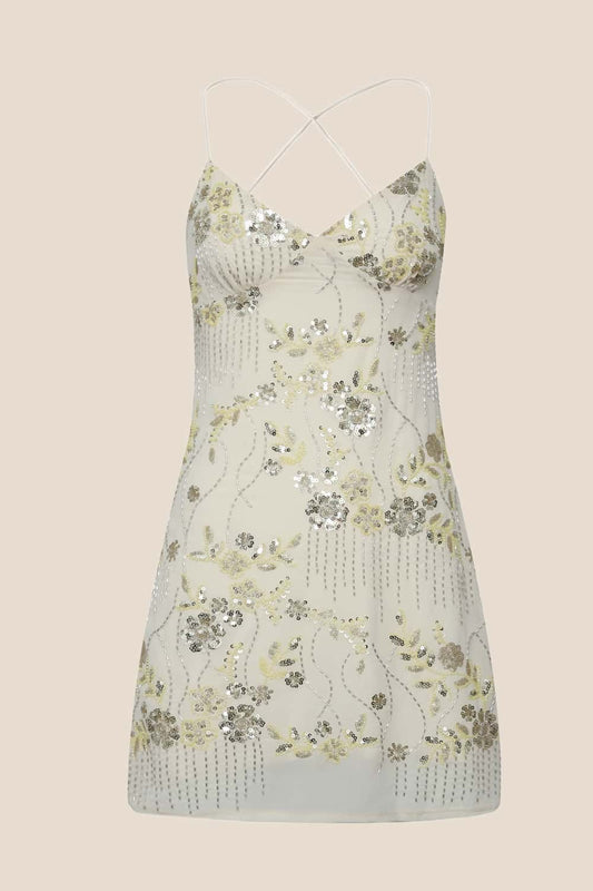 Yellow Beaded Straps Fitted Short Dress