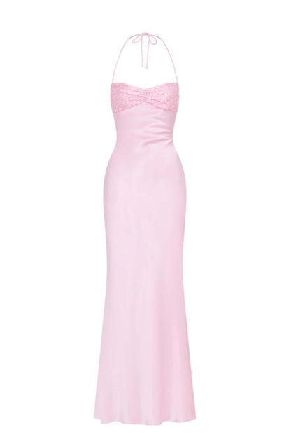 Halter Grape Satin Fitted Long Formal Dress