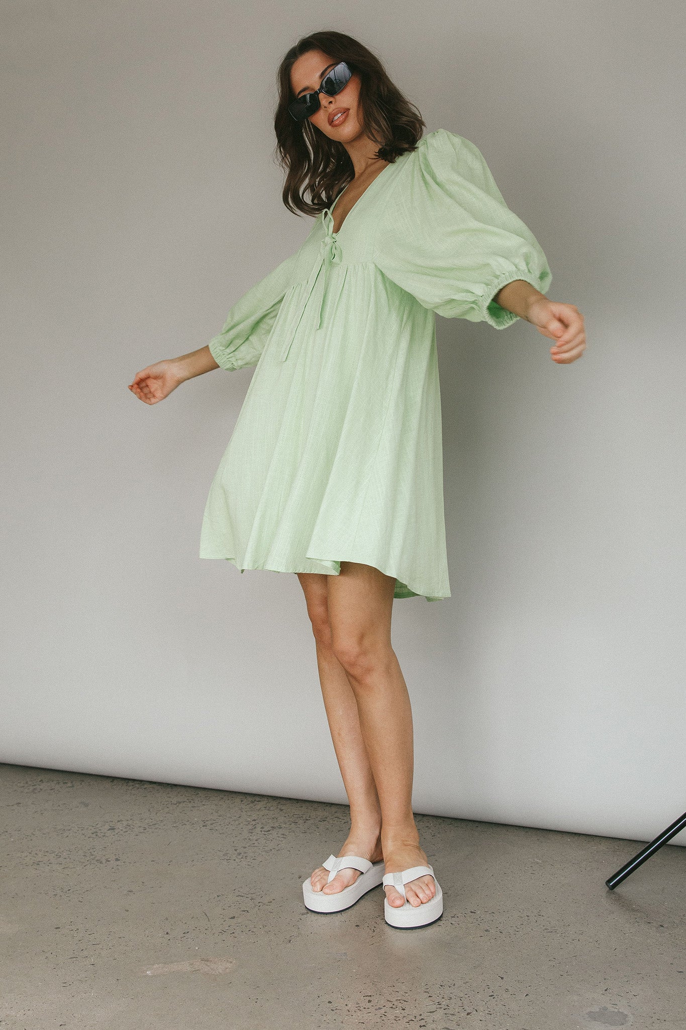 New Haven Puff Sleeve Swing Dress Lime