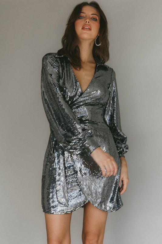 Ruma Faux Wrap Shirt Dress Sequin Metal