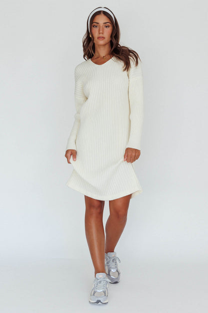 Autumn Hooded Sweater Midi Dress White