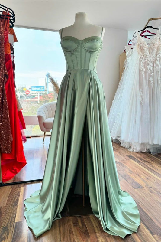 Sage Green Corset A-line Satin Long Formal Dress