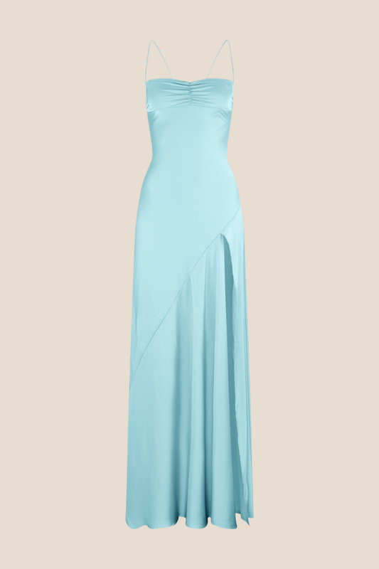 Spaghetti Straps Aqua Long Dress with Slit