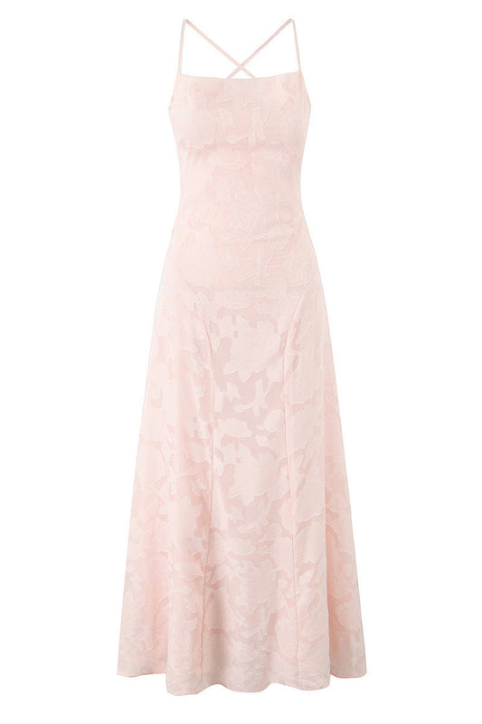 Straps Pink Lace A-line Long Dress