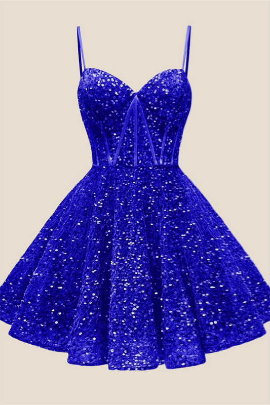 Spaghetti Straps Royal Blue Sequin Short Dress