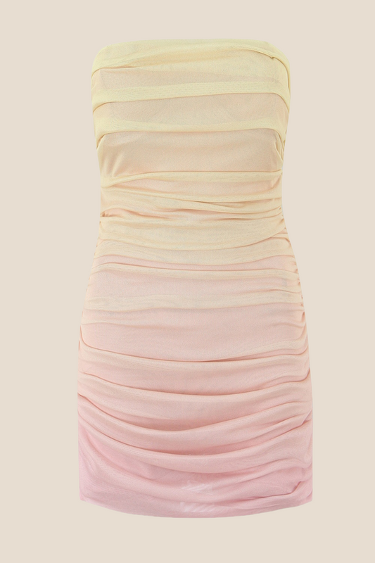 Strapless Multi-color Ruched Short Dress with a Scarf