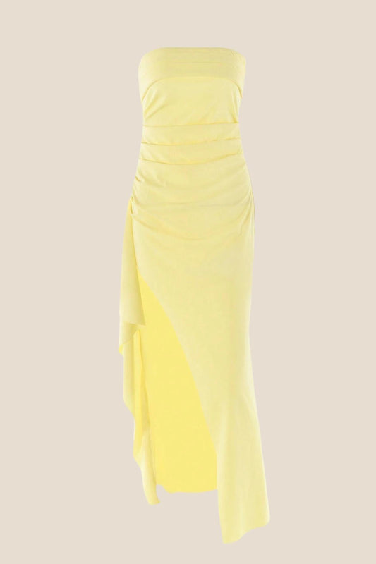 Strapless Yellow Pleated Long Dress with Slit