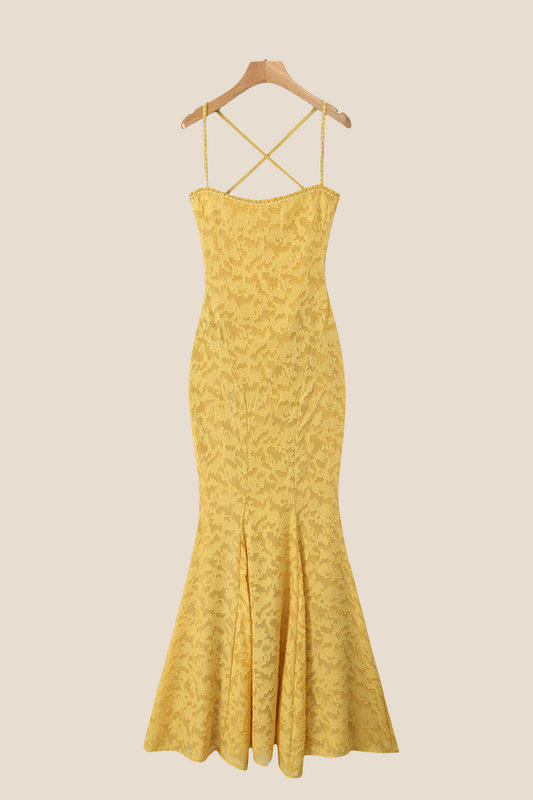 Straps Yellow Lace Mermaid Maxi Dress
