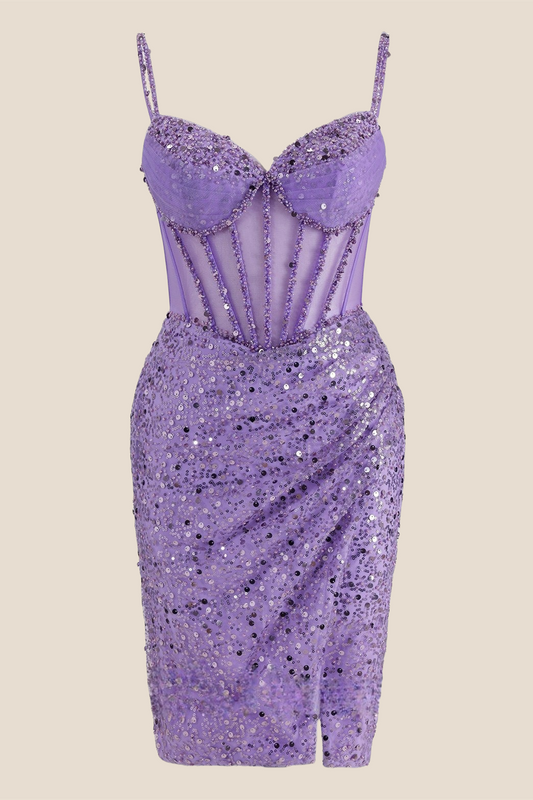 V-neck Lilac Sheer Bodice Sequin Short Dress