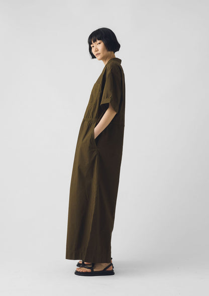 Wide Leg Cotton Poplin Jumpsuit | Bronze Green