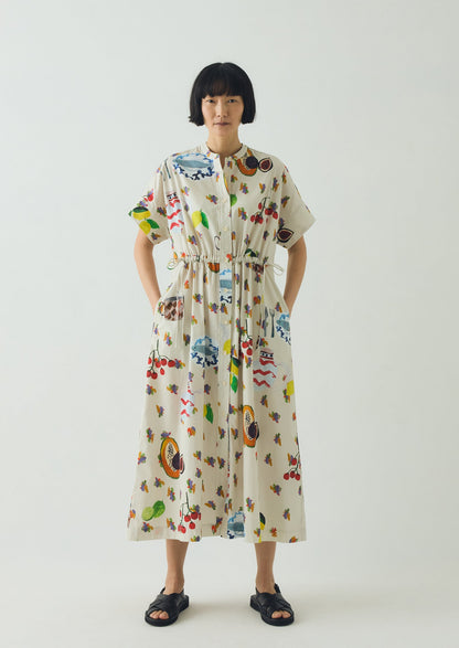 Table Setting Print Cotton Dress | Ecru Multi
