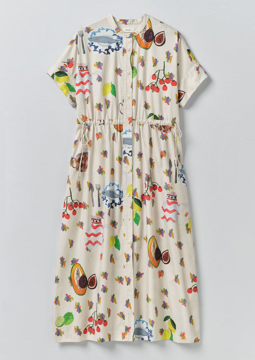 Table Setting Print Cotton Dress | Ecru Multi