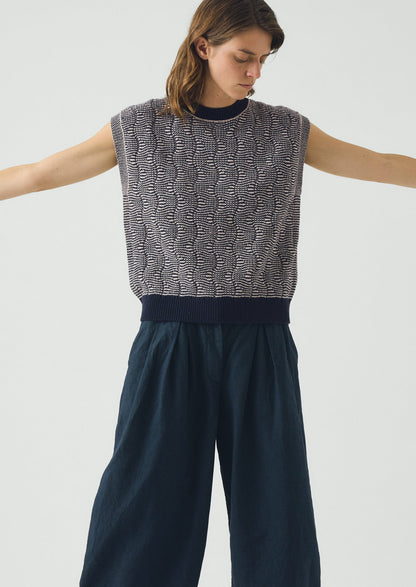 Wavy Stripe Knitted Wool Cotton Top | Navy/Parchment