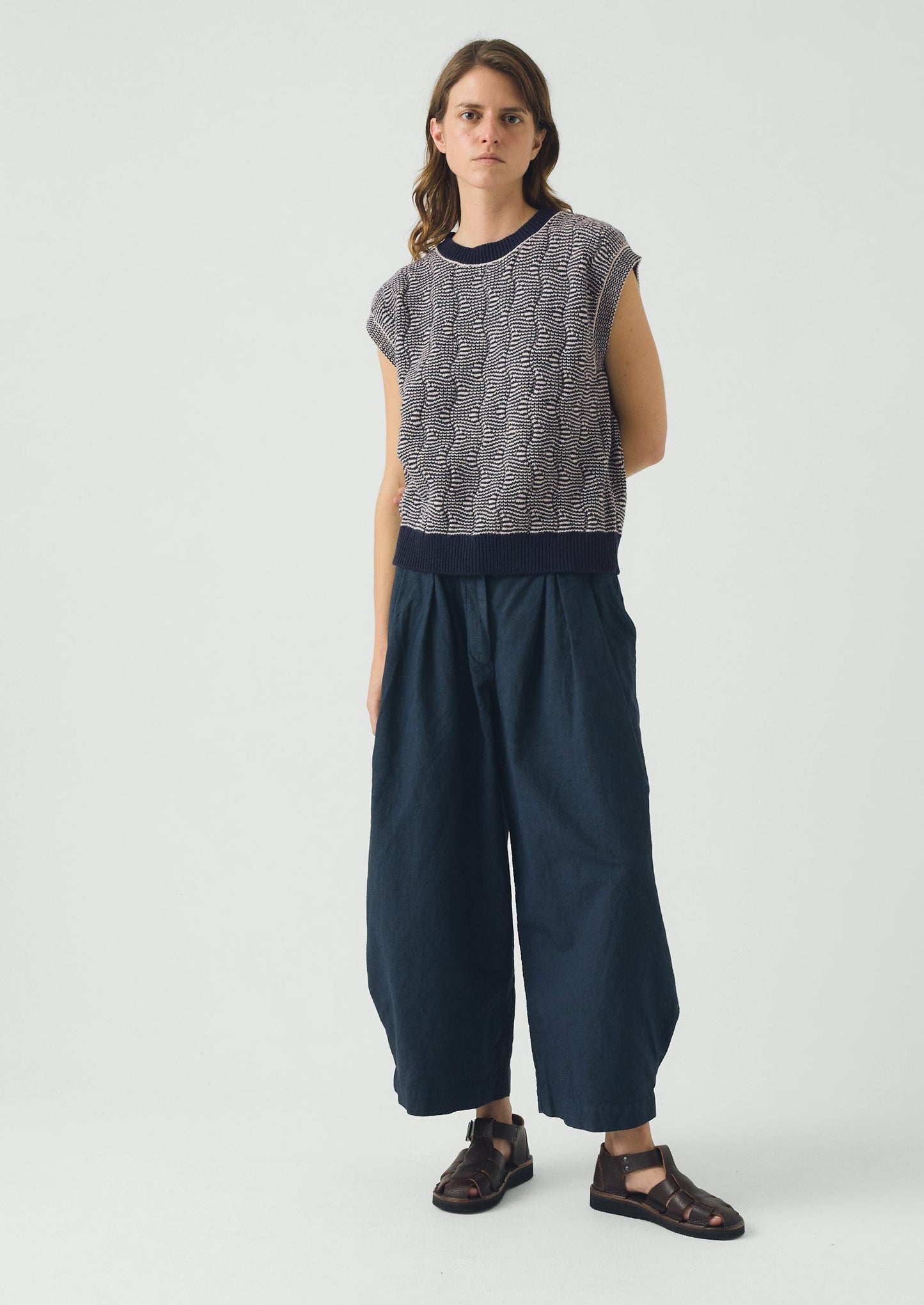 Wavy Stripe Knitted Wool Cotton Top | Navy/Parchment
