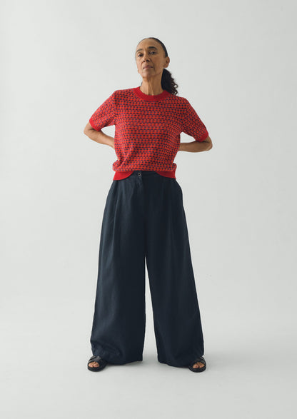Jacquard Knitted Cotton Top | Red Multi