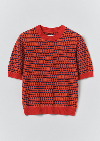 Jacquard Knitted Cotton Top | Red Multi