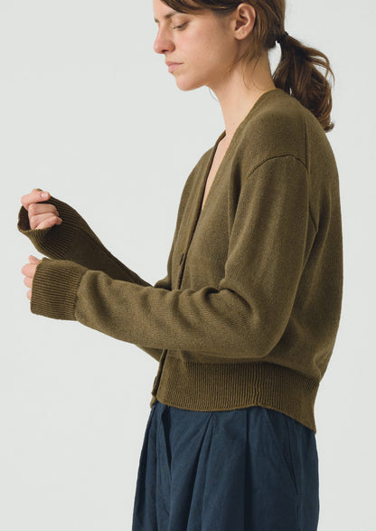 Wool Linen Patch Pocket Cardigan | Old Gold