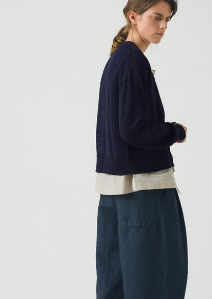Wool Linen Patch Pocket Cardigan | Dark Navy