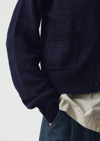 Wool Linen Patch Pocket Cardigan | Dark Navy