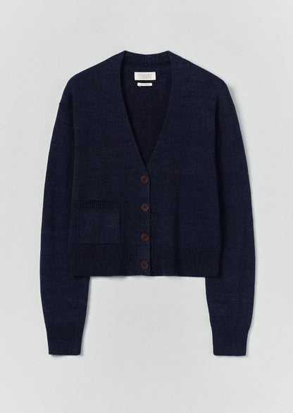 Wool Linen Patch Pocket Cardigan | Dark Navy