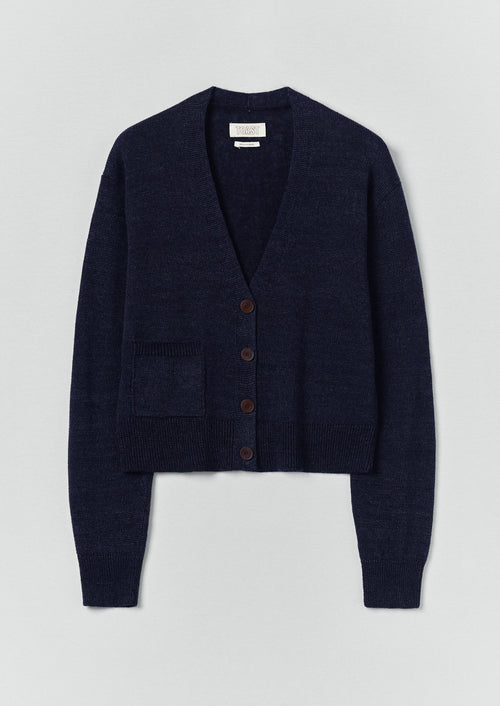 Wool Linen Patch Pocket Cardigan | Dark Navy