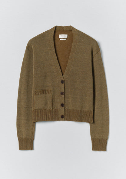 Wool Linen Patch Pocket Cardigan | Old Gold
