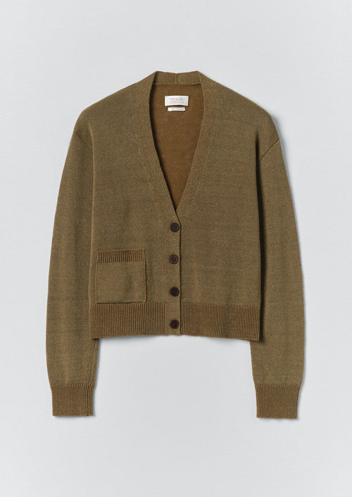 Wool Linen Patch Pocket Cardigan | Old Gold
