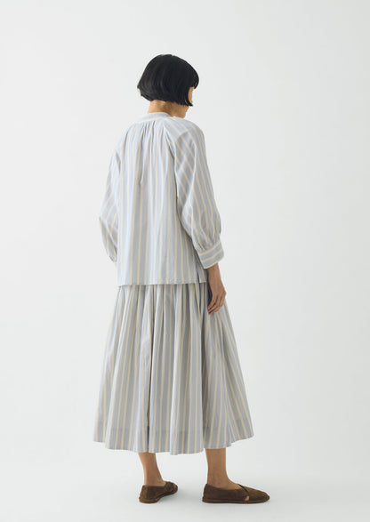 Pleated Stripe Cotton Skirt | Ecru/Blue