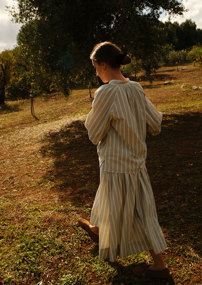 Pleated Stripe Cotton Skirt | Ecru/Blue