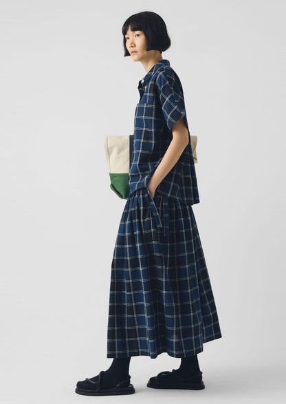 Market Check Pleated Cotton Linen Skirt | Denim Blue