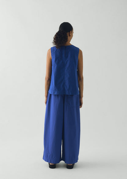 Pleated Pull On Cotton Poplin Trousers | Carmine Blue