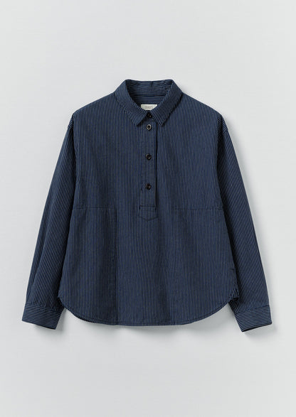 Railroad Stripe Cotton Smock Popover Shirt | Denim Blue