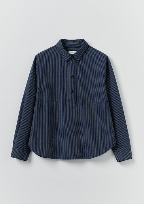 Railroad Stripe Cotton Smock Popover Shirt | Denim Blue