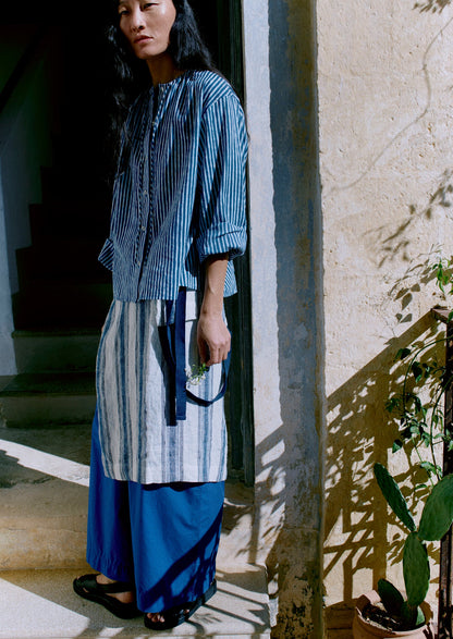 Natural Dye Stripe Cotton Gathered Top | Indigo