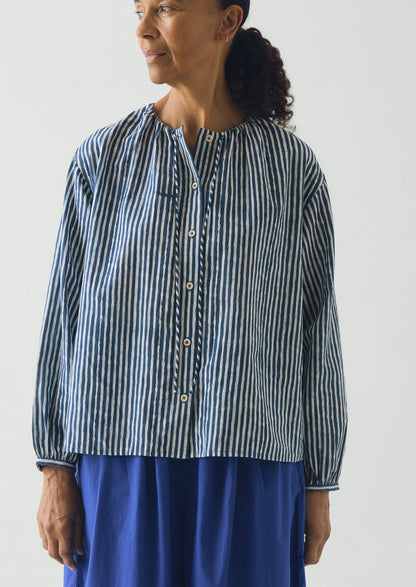 Natural Dye Stripe Cotton Gathered Top | Indigo