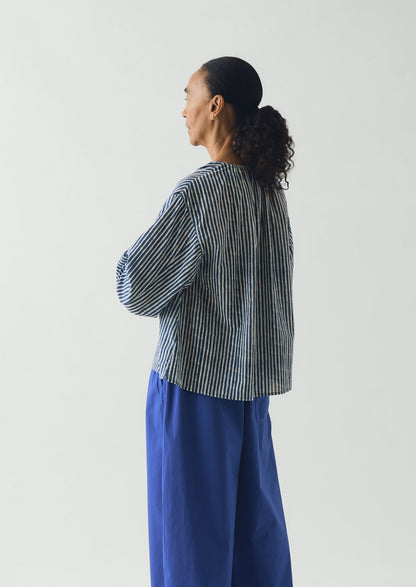 Natural Dye Stripe Cotton Gathered Top | Indigo