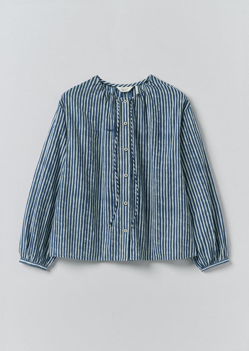 Natural Dye Stripe Cotton Gathered Top | Indigo