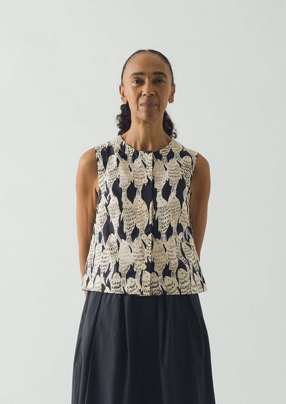Market Fish Print Cotton Poplin Top | Slate