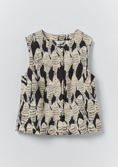Market Fish Print Cotton Poplin Top | Slate