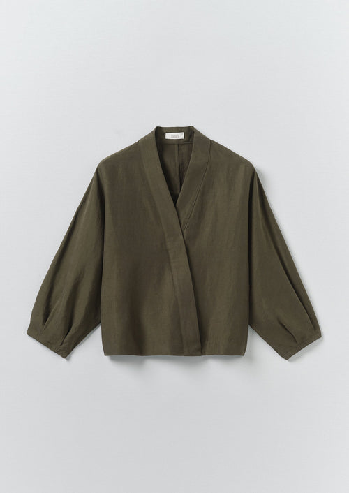 Linen Silk Wrap Shirt | Tent Green