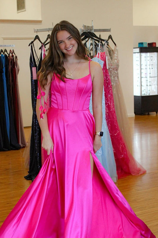 Tie Shoulders Hot Pink A-line Long Formal Dress