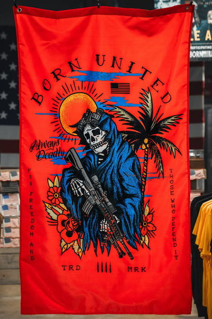 The Always Deadly Flag by Born United Private Label features a grim reaper in a blue hood with a rifle on a red banner, plus sun, palm tree, and American flag accents. "Born United" and "Always Deadly" highlight its patriotic military design.
