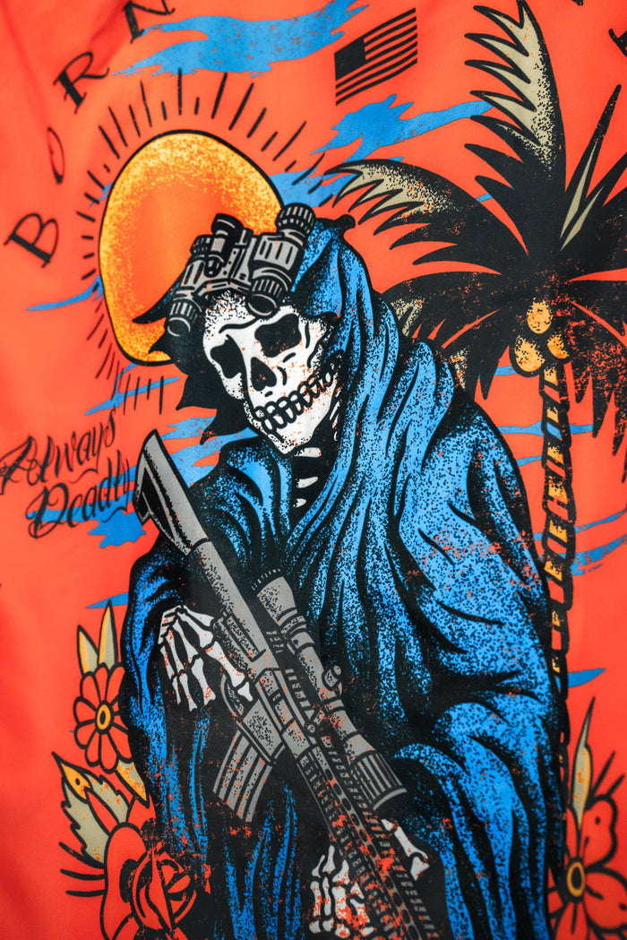 The Always Deadly Flag by Born United Private Label features a skeleton in a blue cloak with a rifle, framed by an orange sun, palm trees, flowers, and stylized "Always Deadly" and "For Freedom" text on a vivid background.