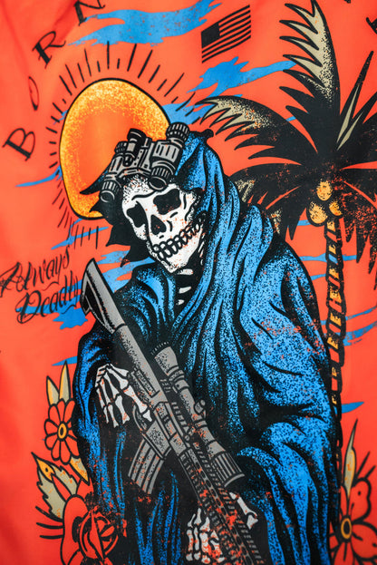 The Always Deadly Flag by Born United Private Label features a skeleton in a blue cloak with a rifle, framed by an orange sun, palm trees, flowers, and stylized "Always Deadly" and "For Freedom" text on a vivid background.