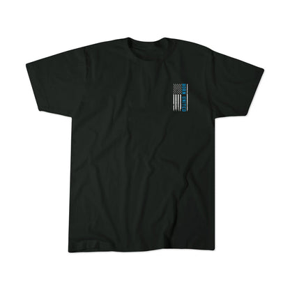 The Back the Badge Black T-shirt by Born United Private Label features a small vertical American flag with a thin blue line and POLICE in blue letters on the left chest.