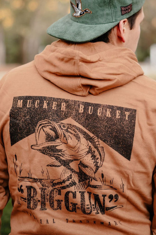 mucker bucket - biggun premium hoodie back on model