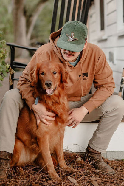 mucker bucket - biggun premium hooded sweatshirt on model
