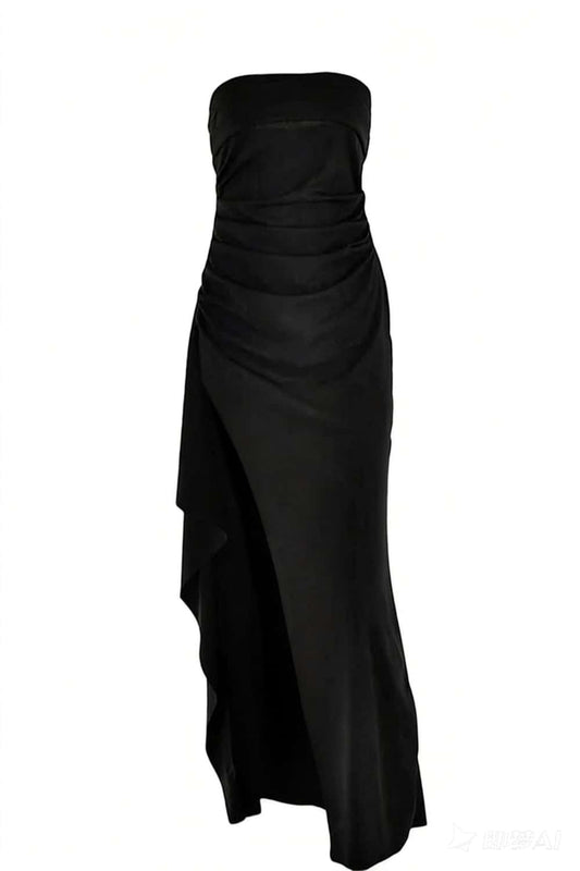 Strapless Black Ruched Long Dress with Slit